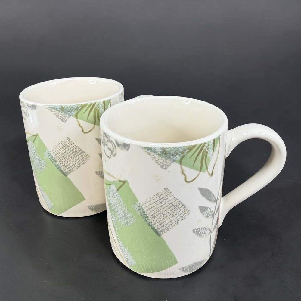 Corelle Coordinates Stoneware Mugs Set of 2 Green Botanical Geometric Ceramic